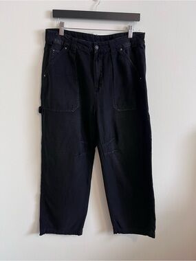 Free People Sz 12 Wide Leg Washed Black Distressed Denim Pants Jeans